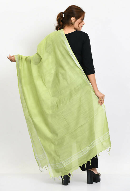 Mominos Fashion Moeza Women's Linen Cotton Silver Border Parrot Green Dupatta