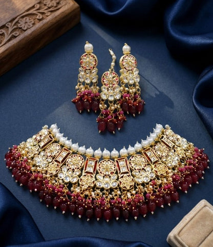 Jewel City Maroon Kundan Choker Set With Earrings & Maang Tikka|Bridal Jewelry