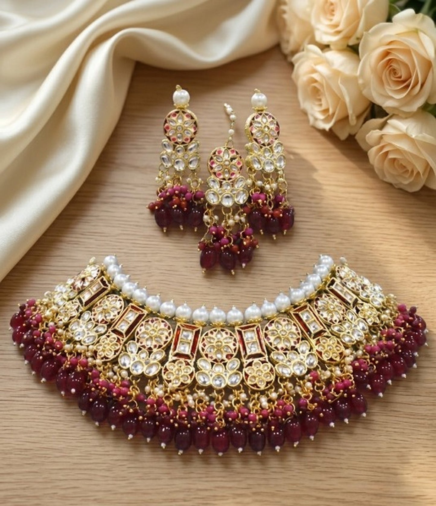 Jewel City Maroon Kundan Choker Set With Earrings & Maang Tikka|Bridal Jewelry