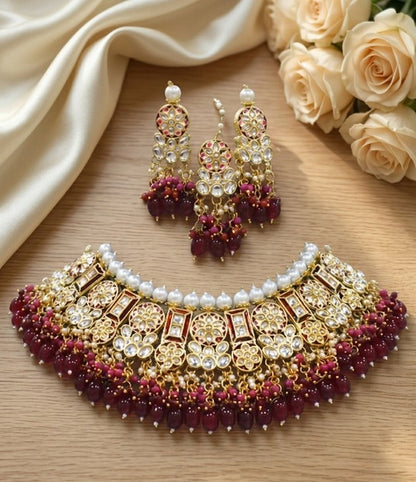 Jewel City Maroon Kundan Choker Set With Earrings & Maang Tikka|Bridal Jewelry