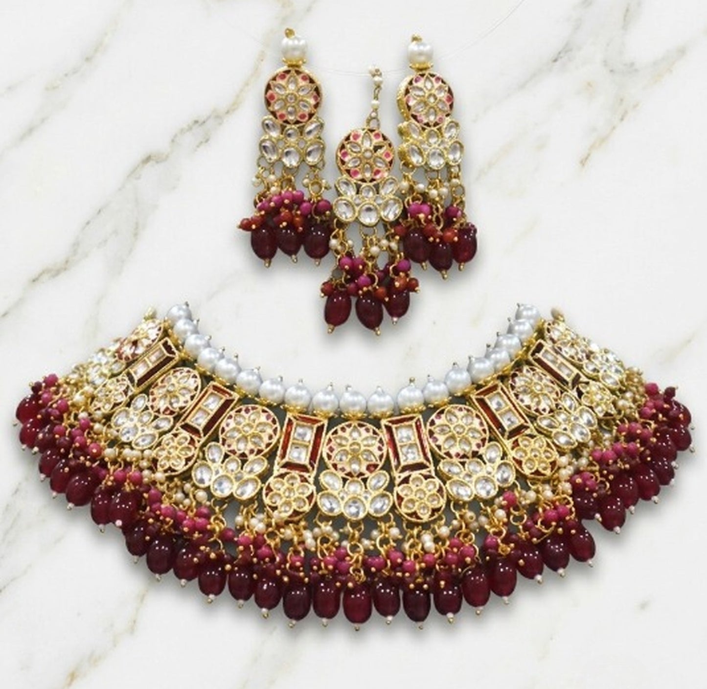 Jewel City Maroon Kundan Choker Set With Earrings & Maang Tikka|Bridal Jewelry