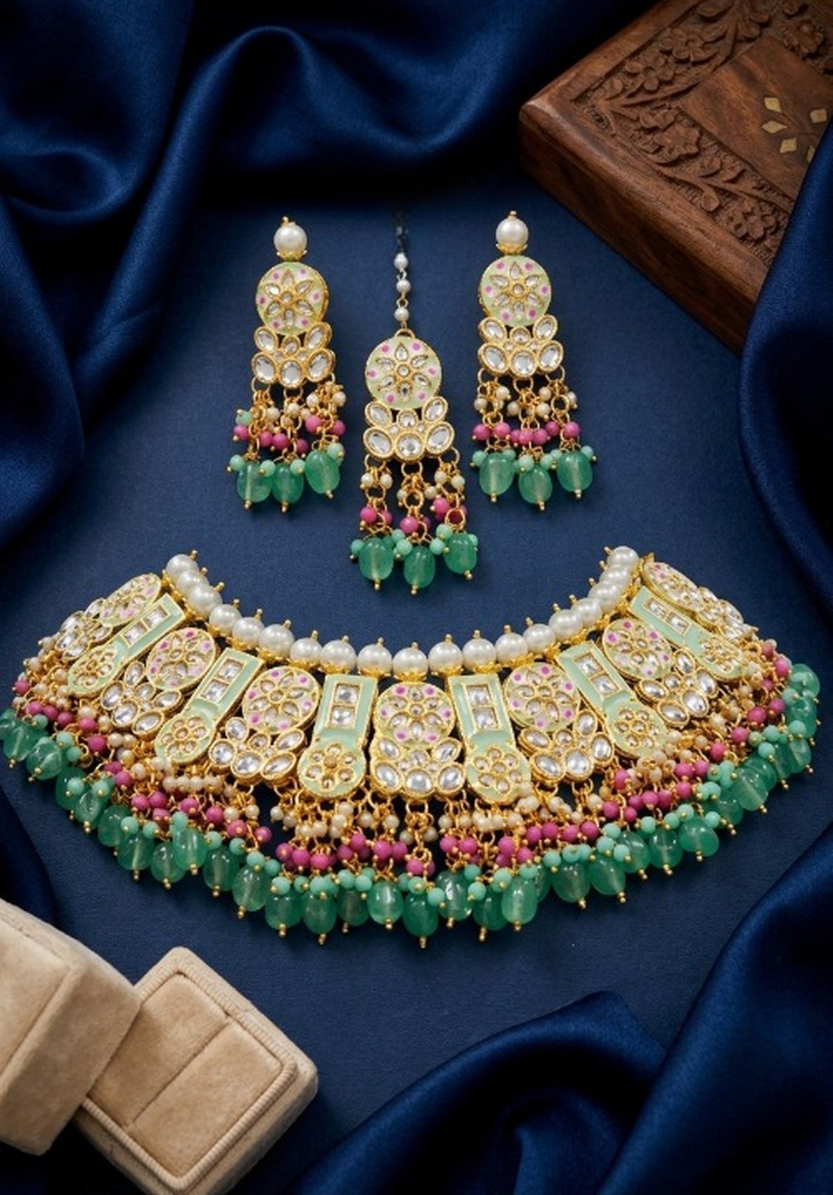 Jewel City Mint Kundan Choker Necklace Set With Earrings & Maang Tikka|Bridal Jewelry