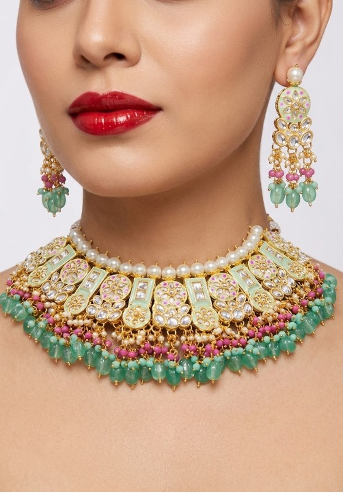 Jewel City Mint Kundan Choker Necklace Set With Earrings & Maang Tikka|Bridal Jewelry