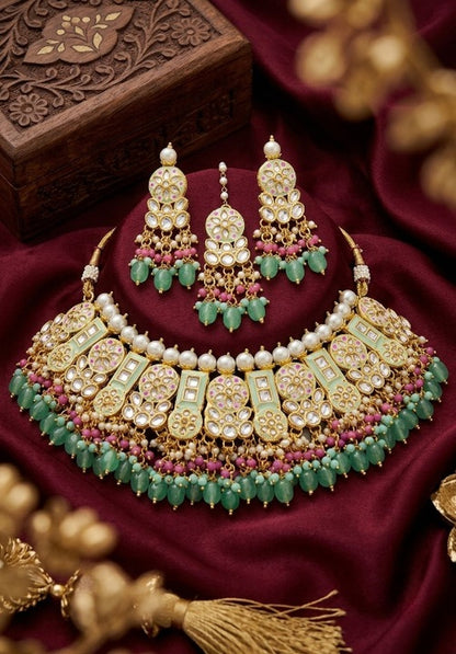 Jewel City Mint Kundan Choker Necklace Set With Earrings & Maang Tikka|Bridal Jewelry