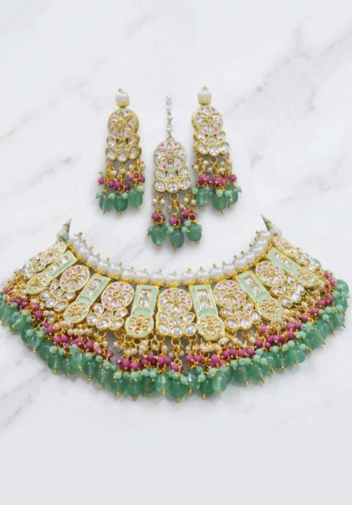 Jewel City Mint Kundan Choker Necklace Set With Earrings & Maang Tikka|Bridal Jewelry