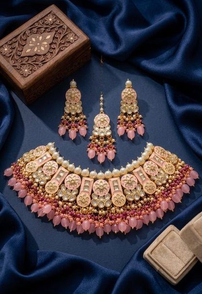 Jewel City Pink Kundan Choker Set With Earrings & Maang Tikka|Bridal Jewelry