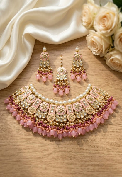 Jewel City Pink Kundan Choker Set With Earrings & Maang Tikka|Bridal Jewelry