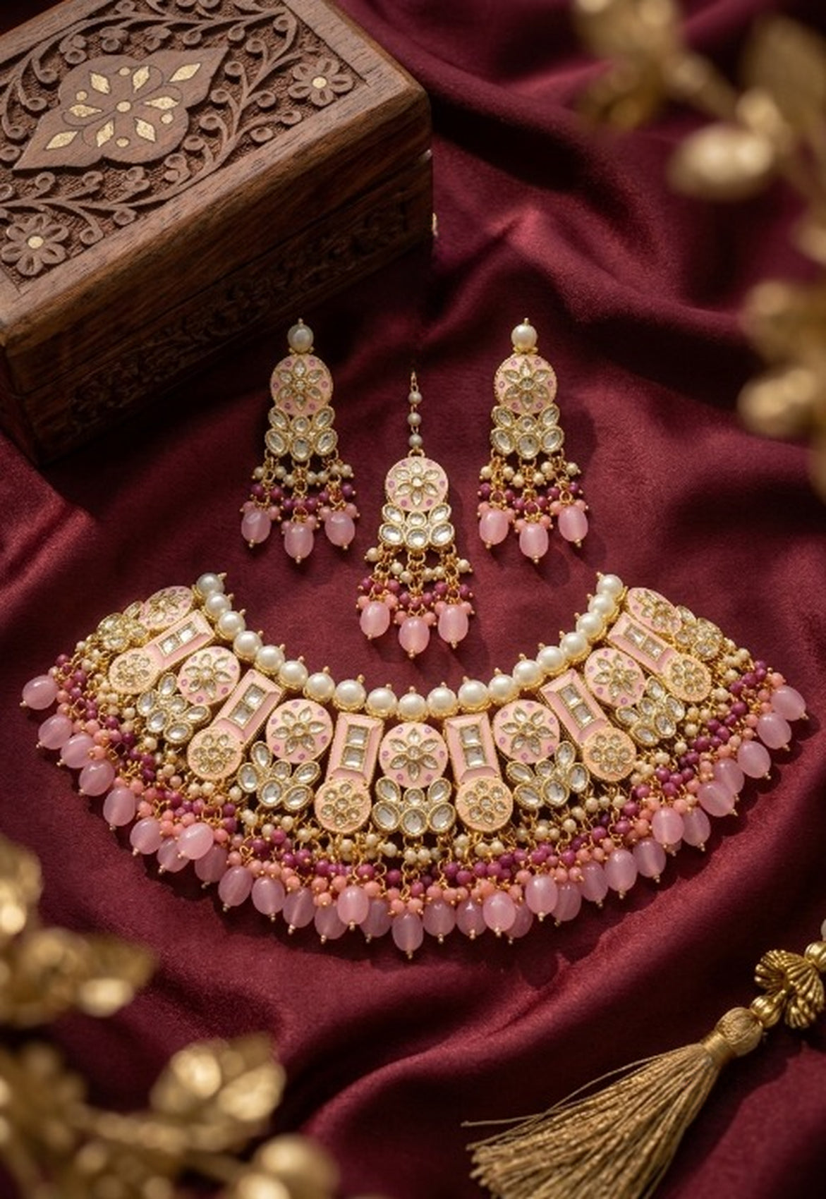 Jewel City Pink Kundan Choker Set With Earrings & Maang Tikka|Bridal Jewelry