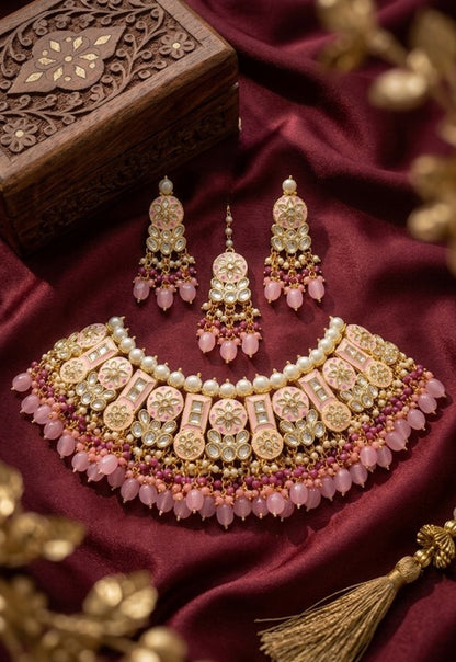 Jewel City Pink Kundan Choker Set With Earrings & Maang Tikka|Bridal Jewelry