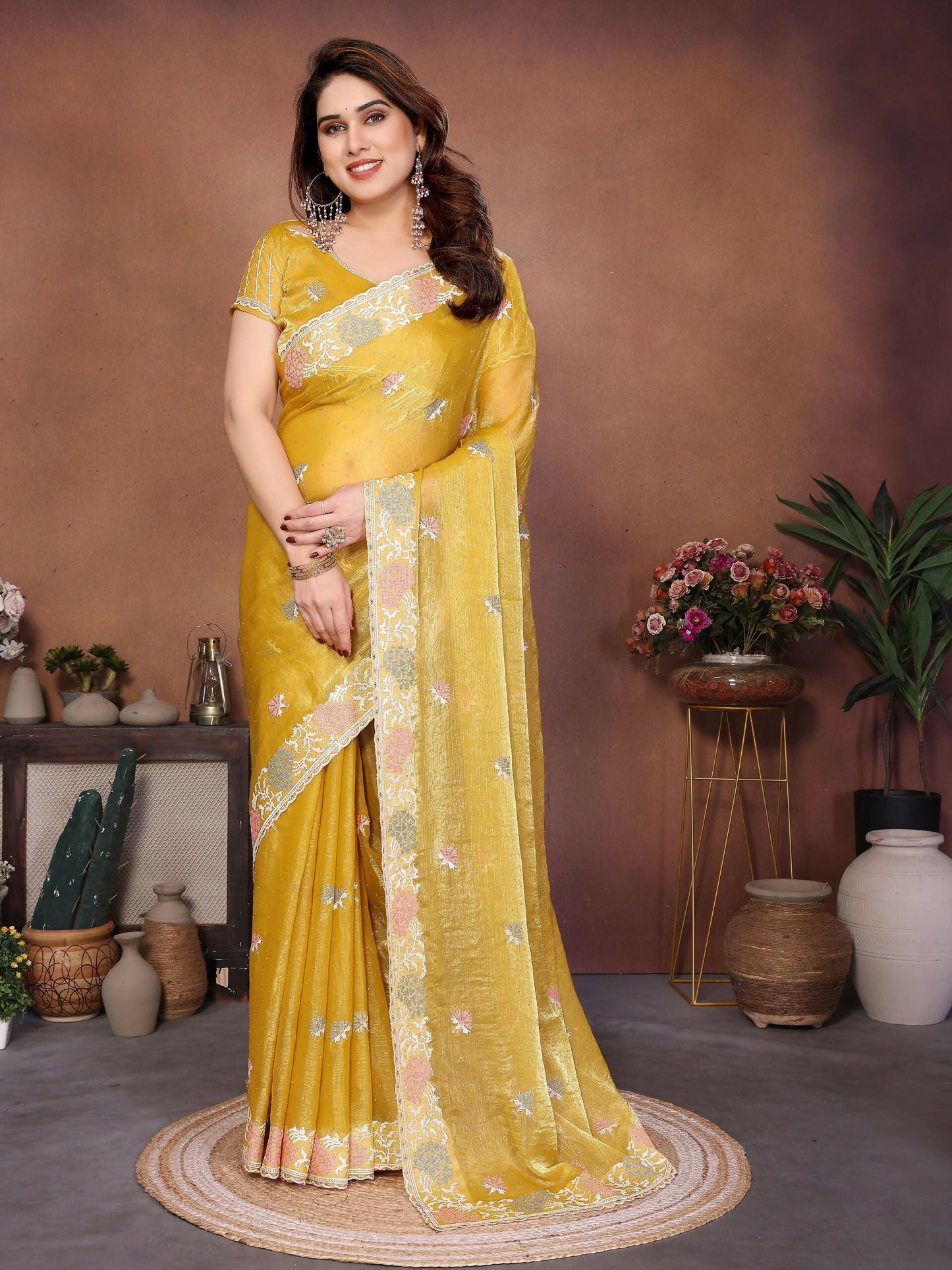 Teeya Creation New Womens Latest Party Wear Soft Chiffon Silk Saree-Yellow