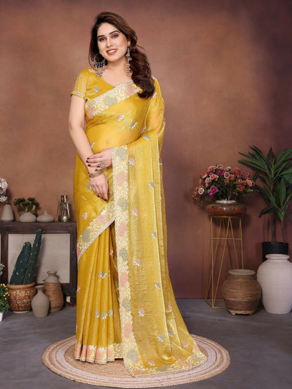 Teeya Creation New Womens Latest Party Wear Soft Chiffon Silk Saree-Yellow