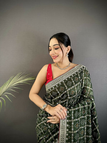 Joban Fashion Dark Green Bandhej Bandhani Vichitra Silk Bandhani Prints Saree