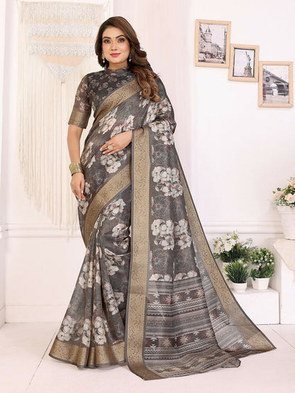 Joban Fashion Dark Grey Floral Print pattern Banarasi Silk Sarees