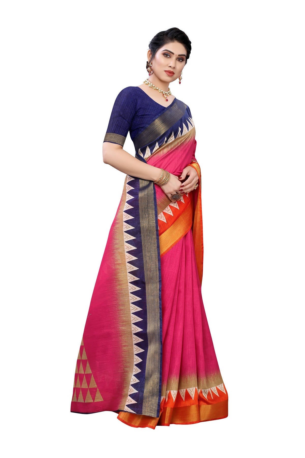 Vamika Pink & Blue Linen Jari Border Saree (GUNJAN PINK)