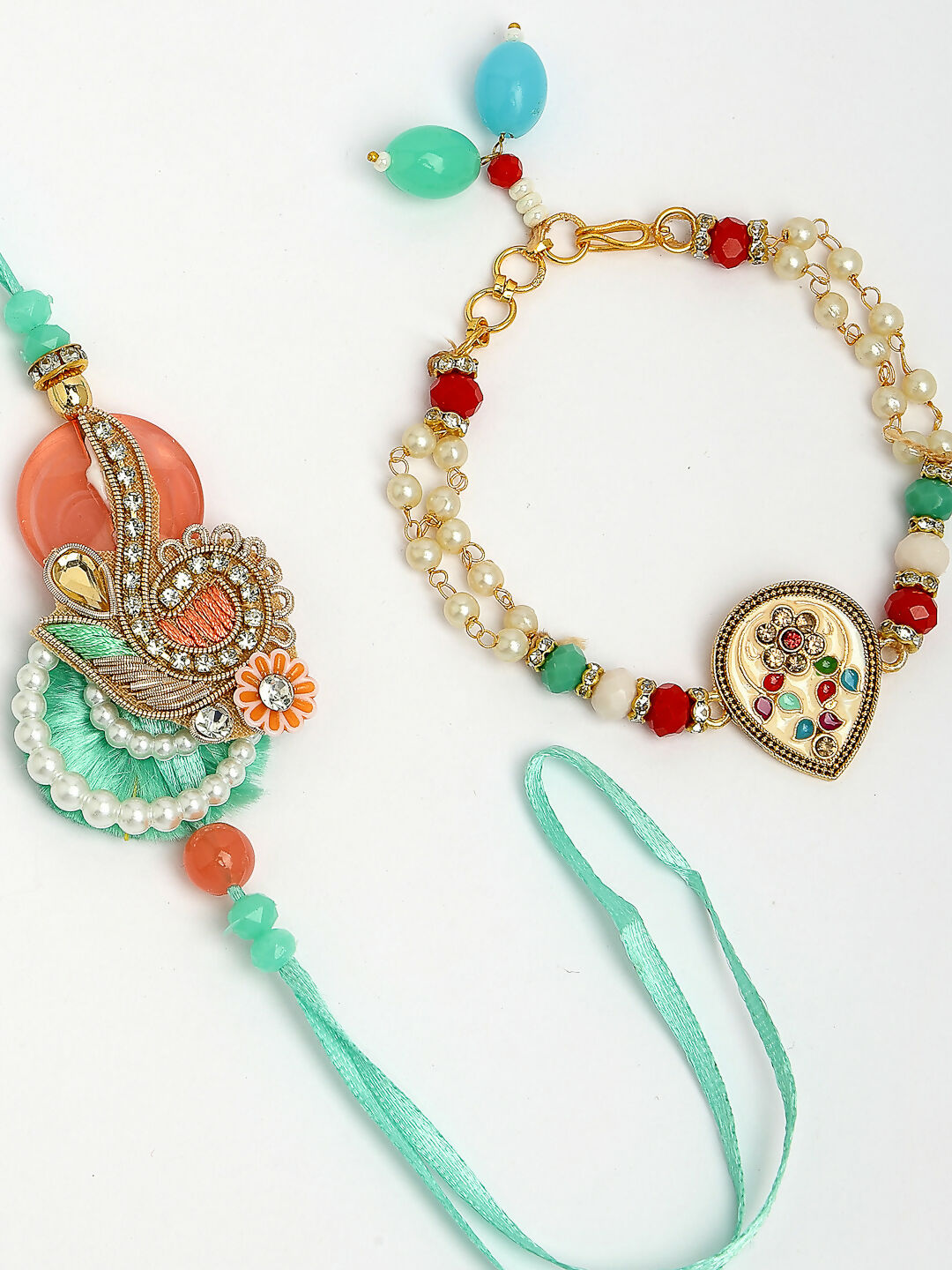 NVR Women & Men Set of 2 Multicolor Stone-Studded & Beaded Bhaiya Bhabhi Rakhi With Roli Chawal & Chocolate