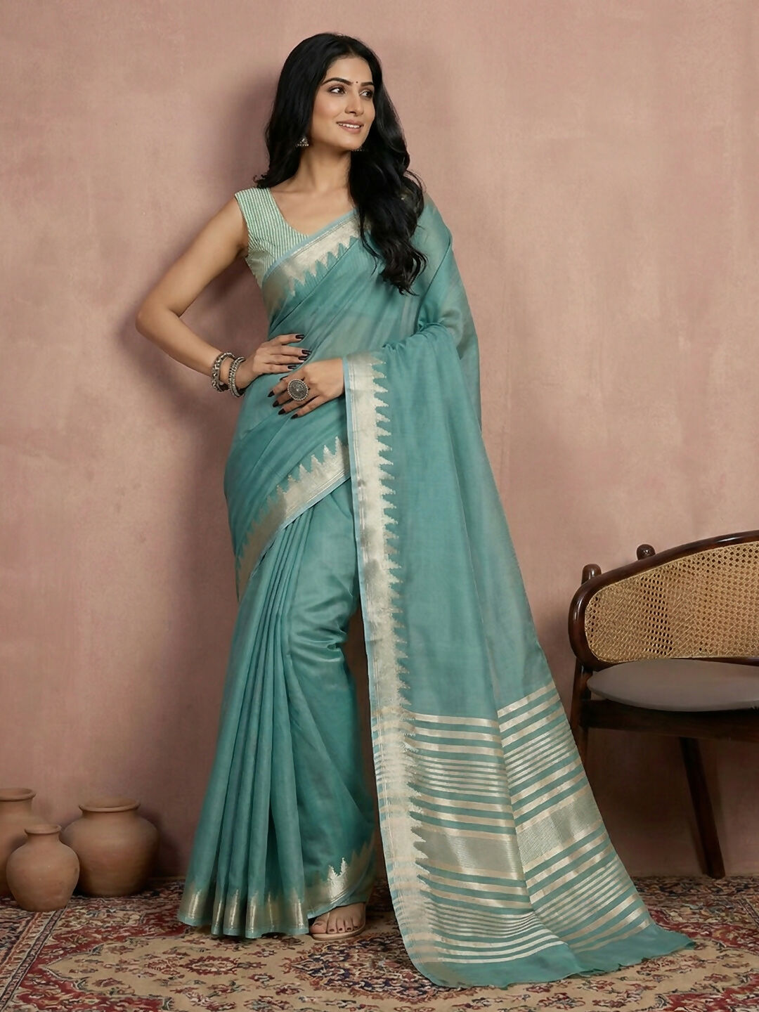 Shree Shyam Fashion Teal Cotton Saree