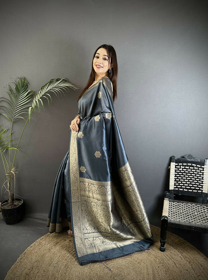 Joban Fashion Grey Floral Jacquard Woven Design Cotton Silk Banarasi Silk Saree