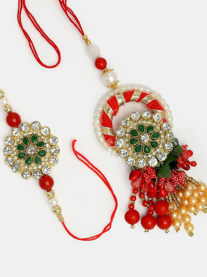 NVR Women & Men Set of 2 Red & Gold Toned Stone-Studded & Beaded Bhaiya Bhabhi Rakhi With Roli Chawal