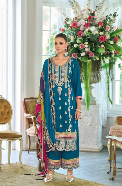 Anaita Teal Premium Embroidered Chinon Stitched Salwar Suit