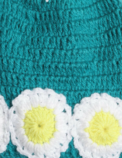 Chutput Kids Woollen Hand Knitted Flower And Pom Pom Detail Cap - Sea Green
