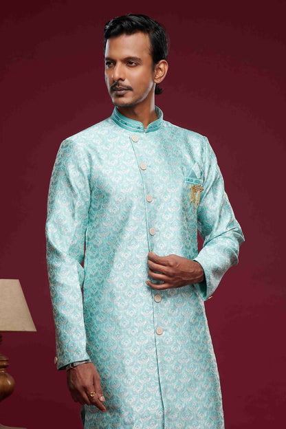 Raivat Ethnic Banarasi Jacquard Embroidery Semi Indo Western Sherwani In Sky Blue Colour