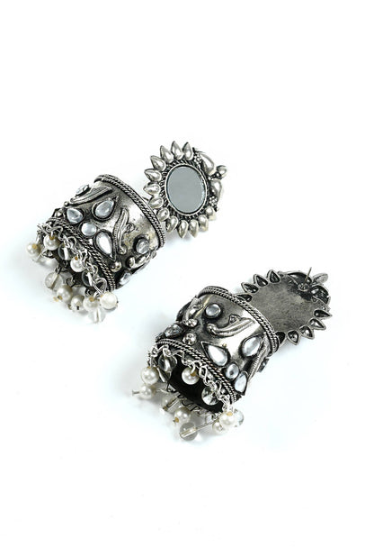 Mominos Fashion Johar Kamal Women Silver Oxidised Jhumkas