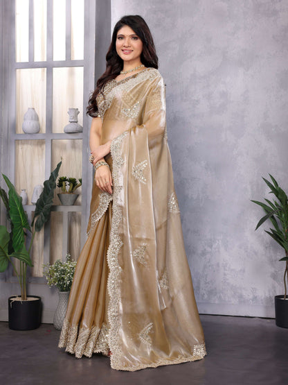 Vastranavya Beige Embroidery Work Shimmer Chiffon Saree with Unstitched Blouse