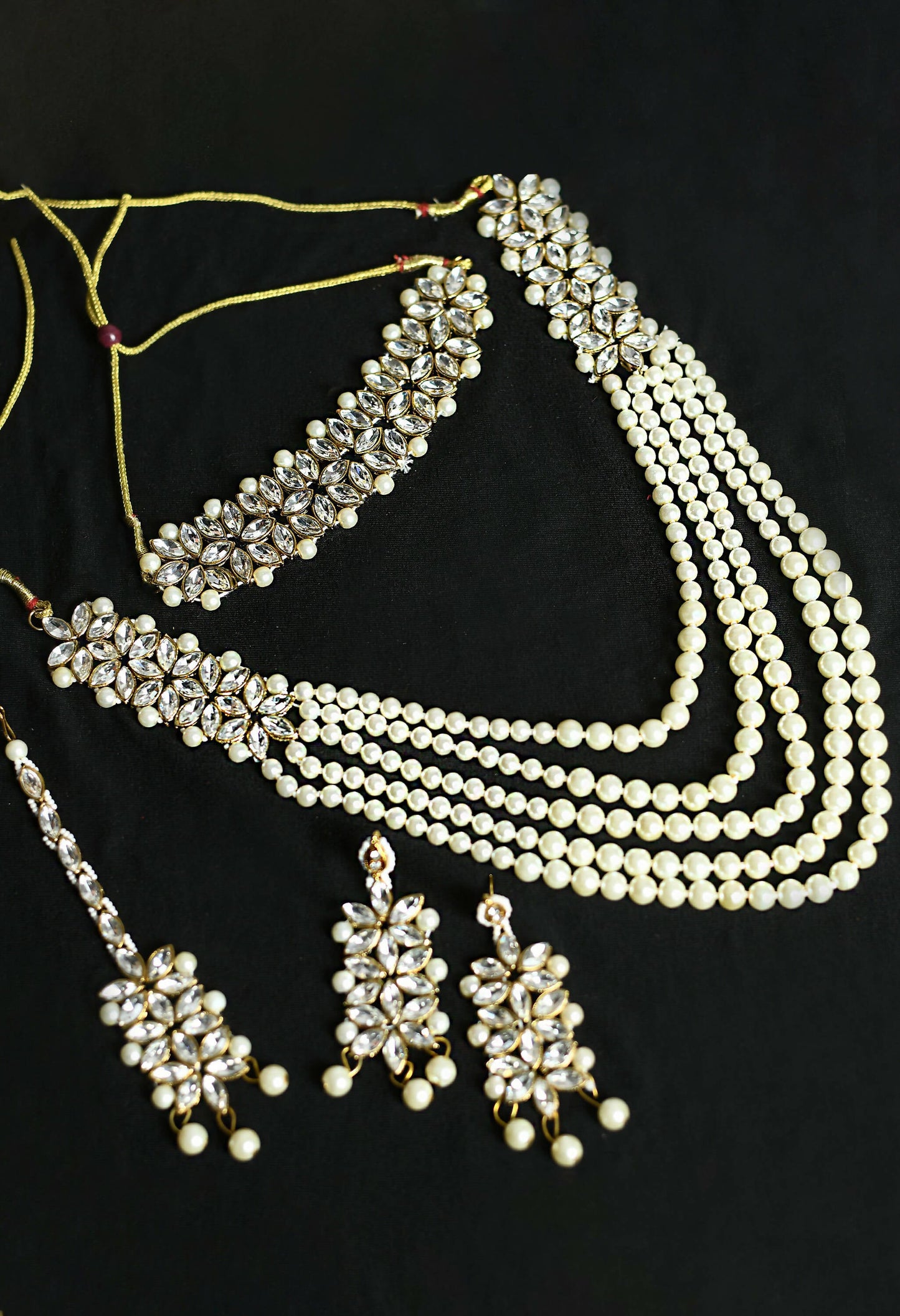 Mominos Fashion Johar Kamal Gold-Polished Rani Haar with White and Off white Pearls Jewellery Set