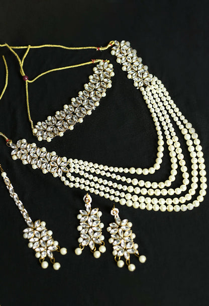 Mominos Fashion Johar Kamal Gold-Polished Rani Haar with White and Off white Pearls Jewellery Set