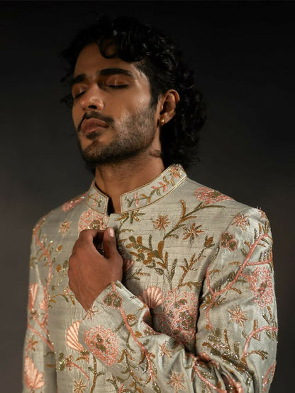 Pastel Green Hand Embroidered Indowestern Sherwani by Hilo Design