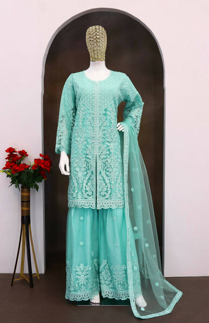 Anaita Sky Blue Heavy Net Readymade Suit with Embroidery & Sequence Work