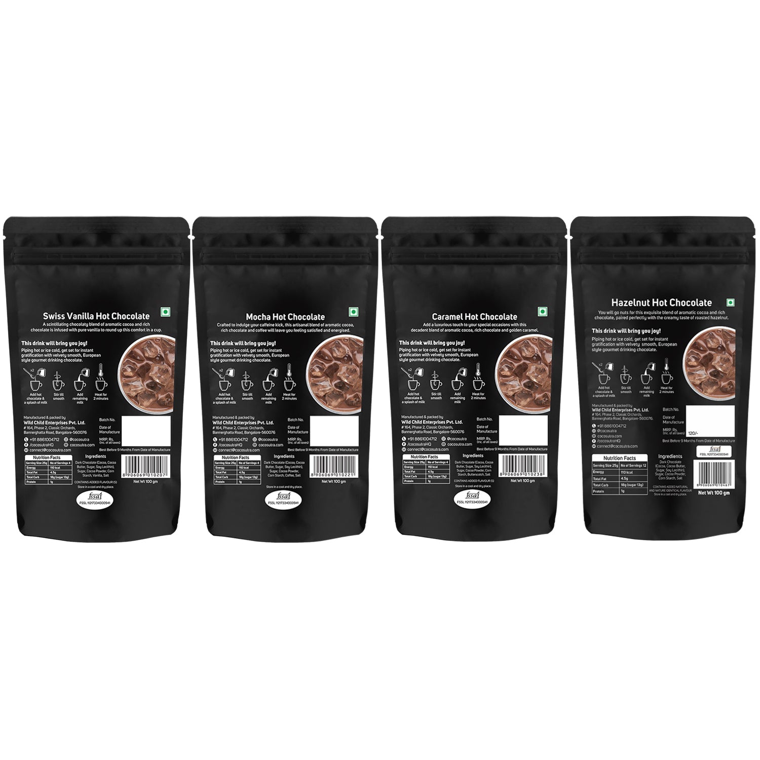 Cocosutra Hot Chocolate Mix Collection Packs 4 - 100 g Each