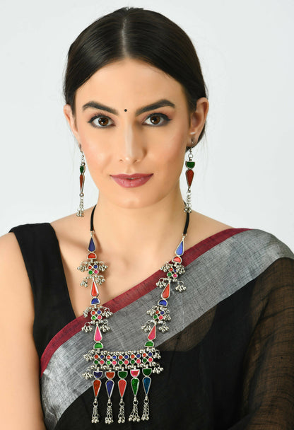 Mominos Fashion Johar Kamal Oxidised Silver-Plated Meenakari Multi Long Necklace Set For Women