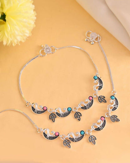 VOJ Set of 2 Silver Plated Stainless Steel Multi Color Anklet