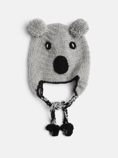 Chutput Kids Woollen Hand Knitted Kuala Bear Detail Cap - Grey