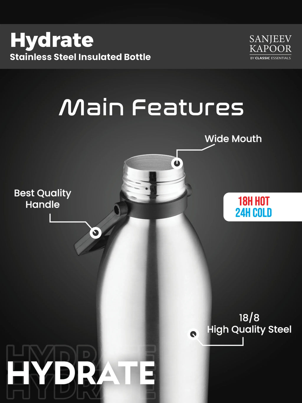 Sanjeev Kapoor by Classic Essentials Hydrate Stainless Steel Insulated Bottle 1800ml