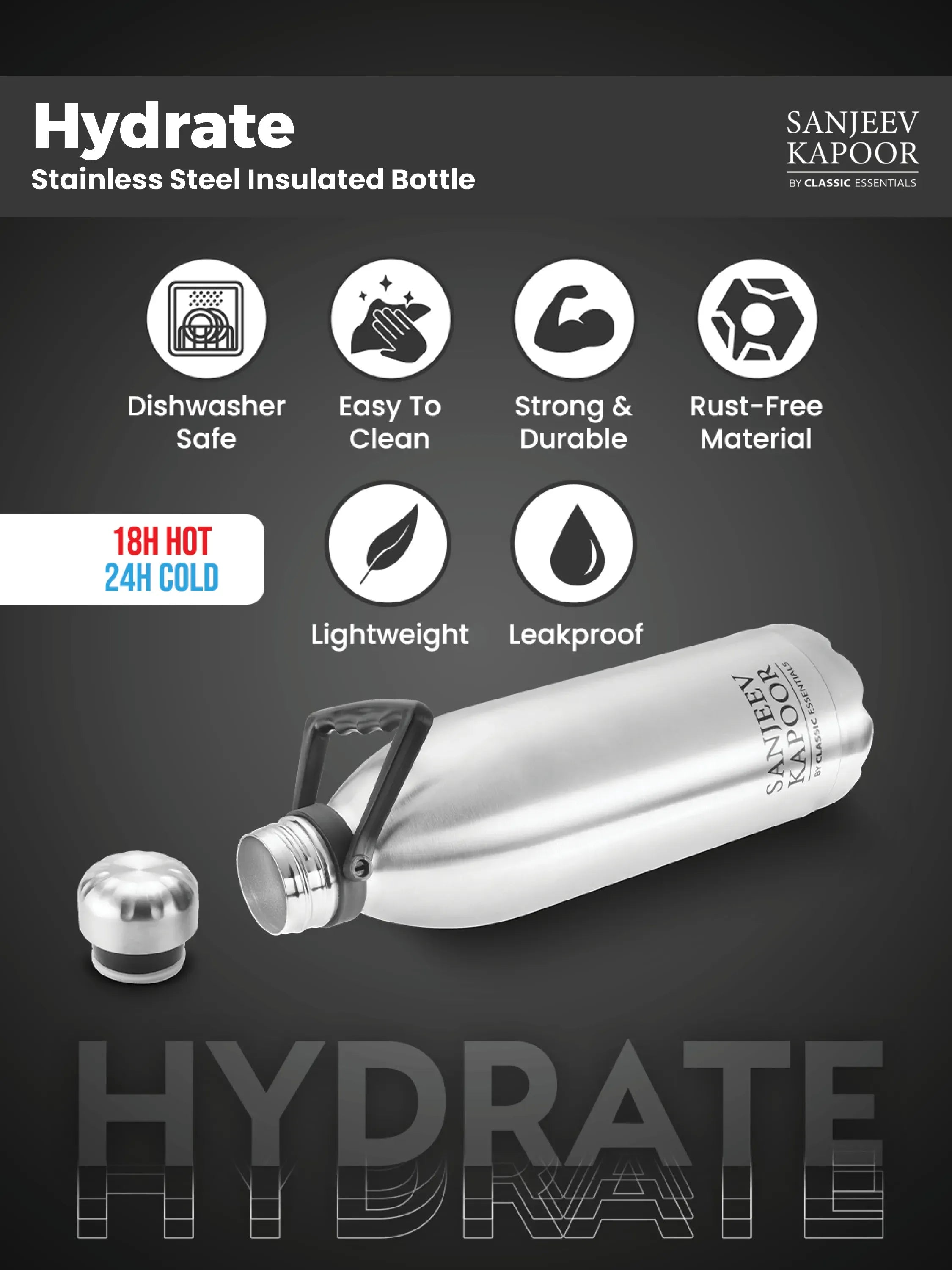 Sanjeev Kapoor by Classic Essentials Hydrate Stainless Steel Insulated Bottle 1800ml