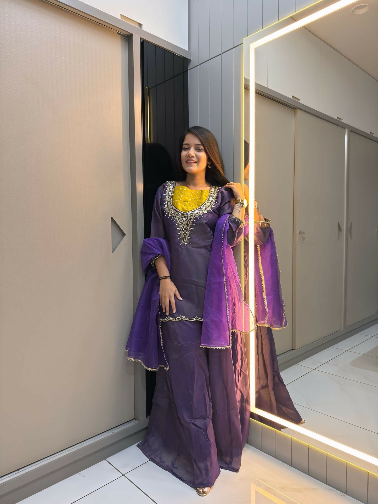Anaita Purple Roman Shimmer Readymade Kurti Set with Handwork & Moti Work