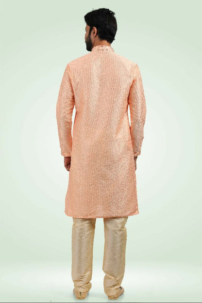 Raivat Ethnic Jacquard Banarasi Silk Pintux Work Kurta Pajama In Peach Colour