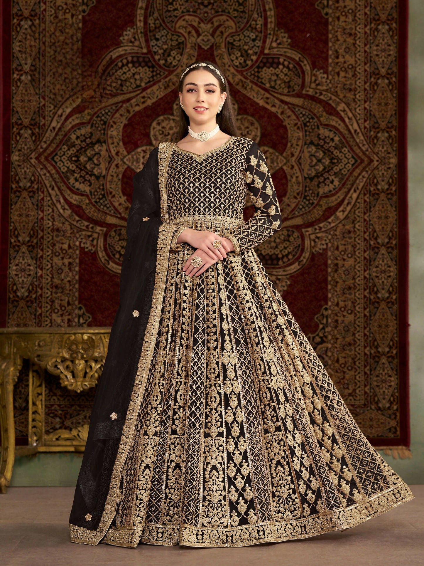 Anaita Black Embroidered Net Stitched Anarkali Suit