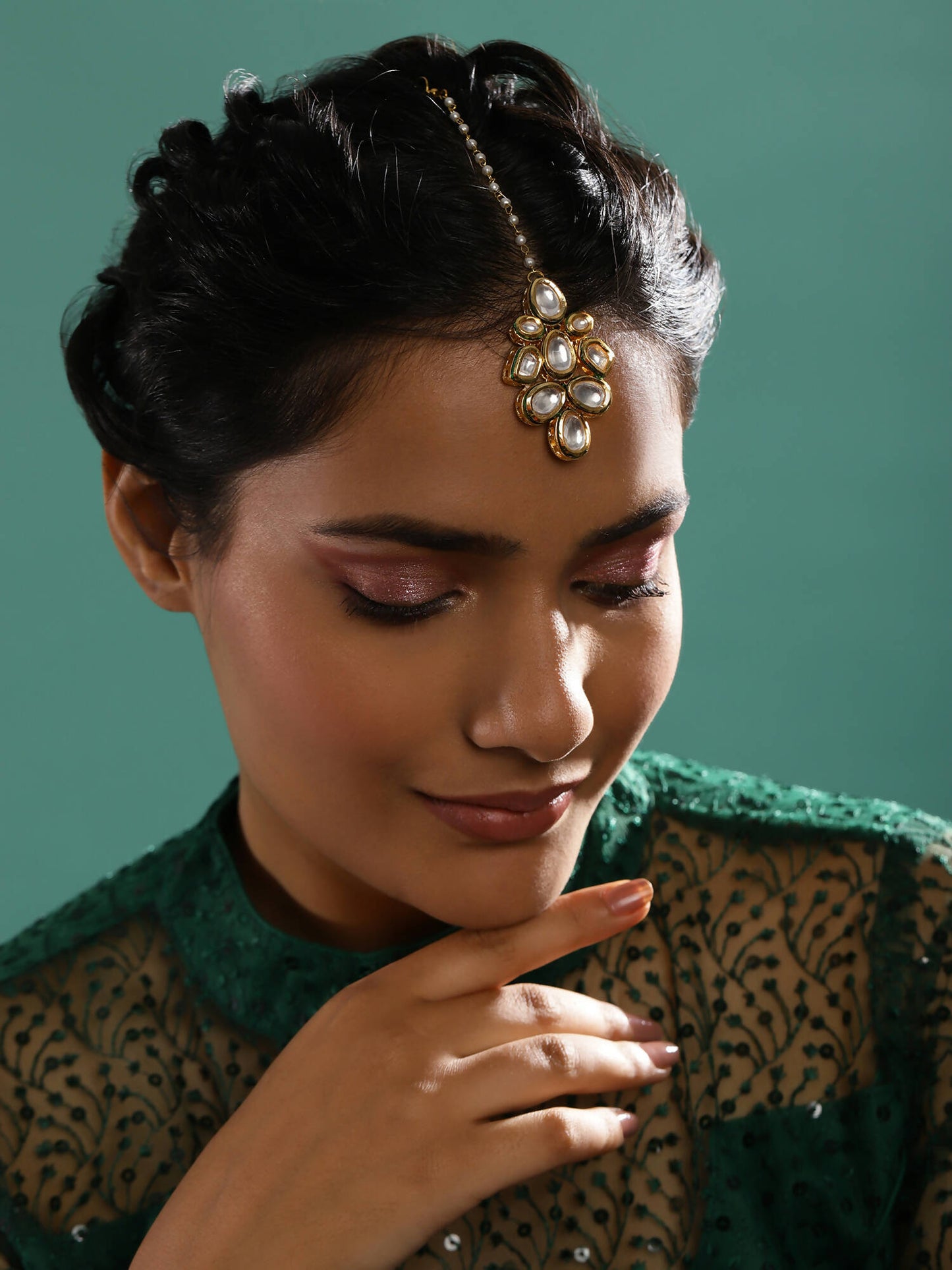 White Gold-Polished Kundan Studded Beaded Maang Tikka - Ruby Raang