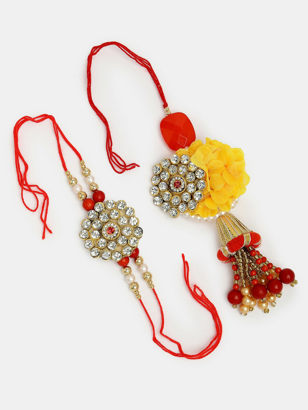 NVR Women & Men Set of 2 Red & Gold-Toned Stone-Studded & Beaded Bhaiya Bhabhi Rakhi With Roli Chawal