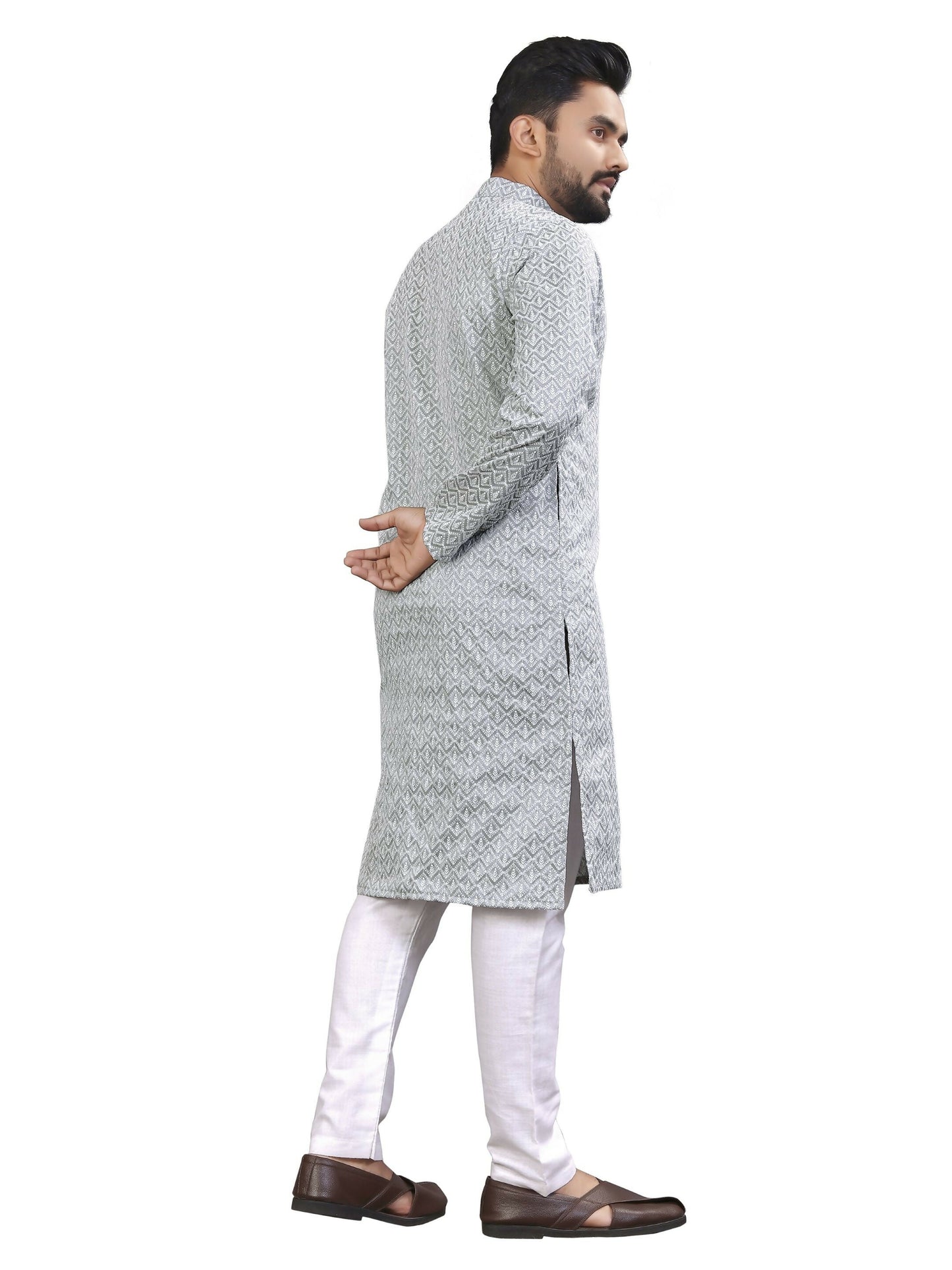 Anaita Grey Lucknowi Work Silk Straight Kurta