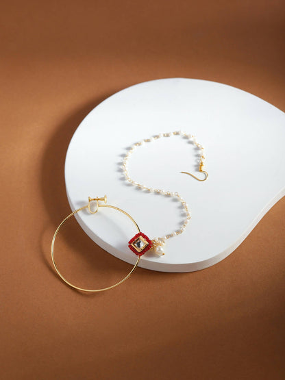 White Red Gold-Polished Kundan-Studded Beaded Nosepin - Ruby Raang