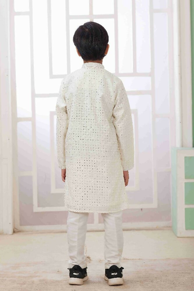 Raivat Ethnic Art Silk Embroidery Work Kids Kurta Pajama In Cream Colour
