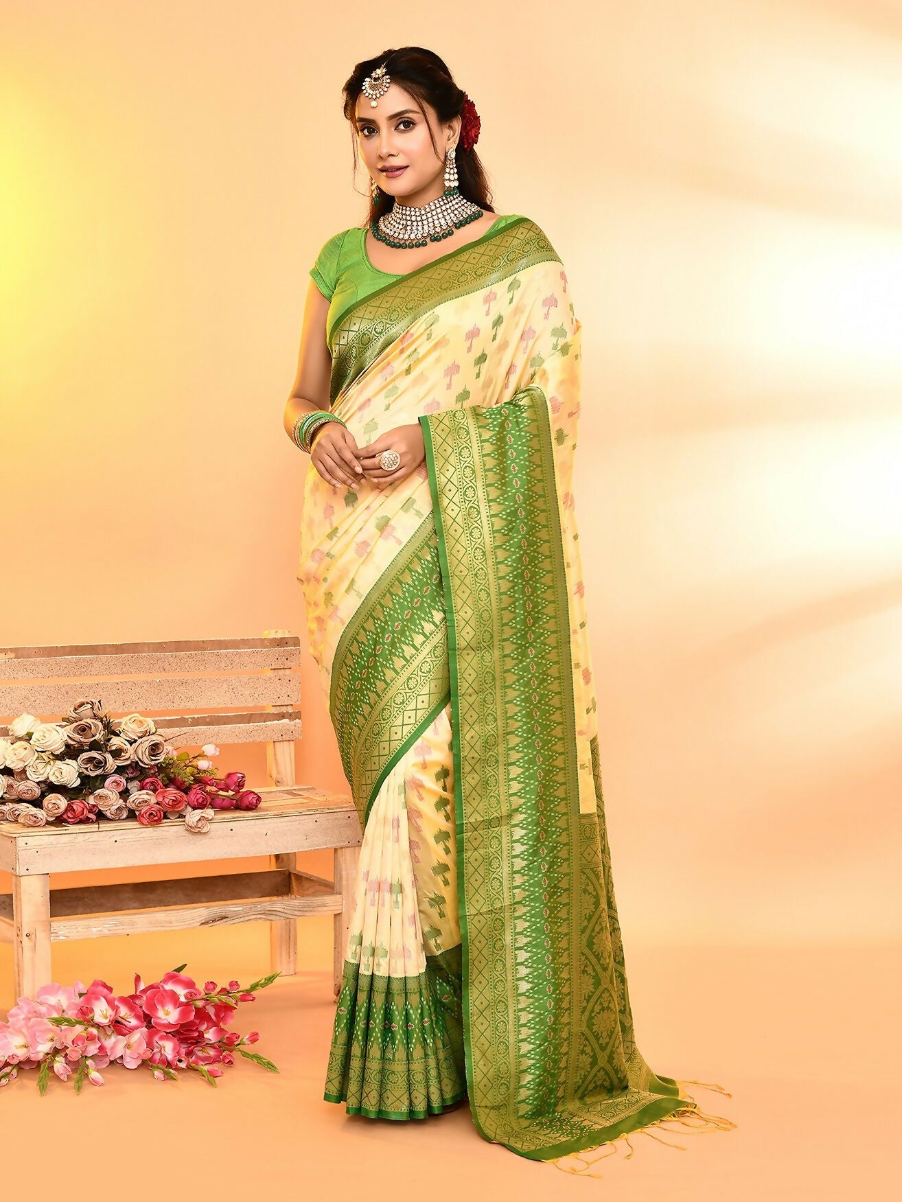 Joban Fashion Light Yellow & Parrot Green Plain With Weaving Border Banarasi Silk Sarees