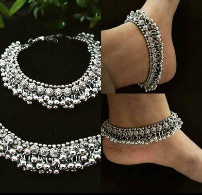 Mominos Fashion Trendy Oxidised Silver Plated Traditional Anklets