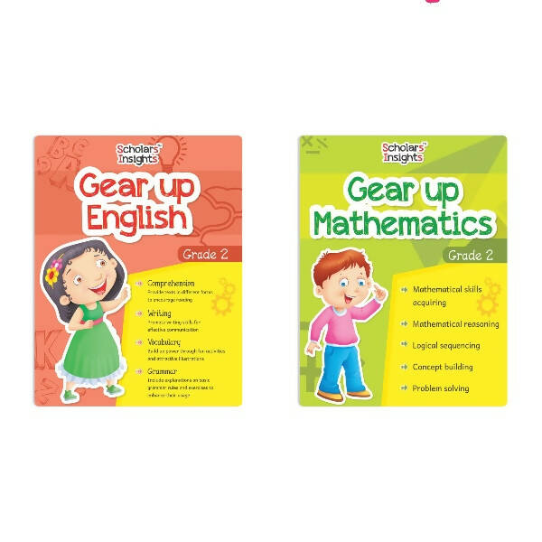 Scholars Insights Gear Up English & Maths Grade 2 Books Set of 2|Grammar Skills, Logical Reasoning, Problem Solving Book for Kids| Ages 7-8 Years