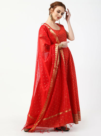 Cheera Women's Red Cotton Hand Block Print Long Dress With Silk Dupatta Set
