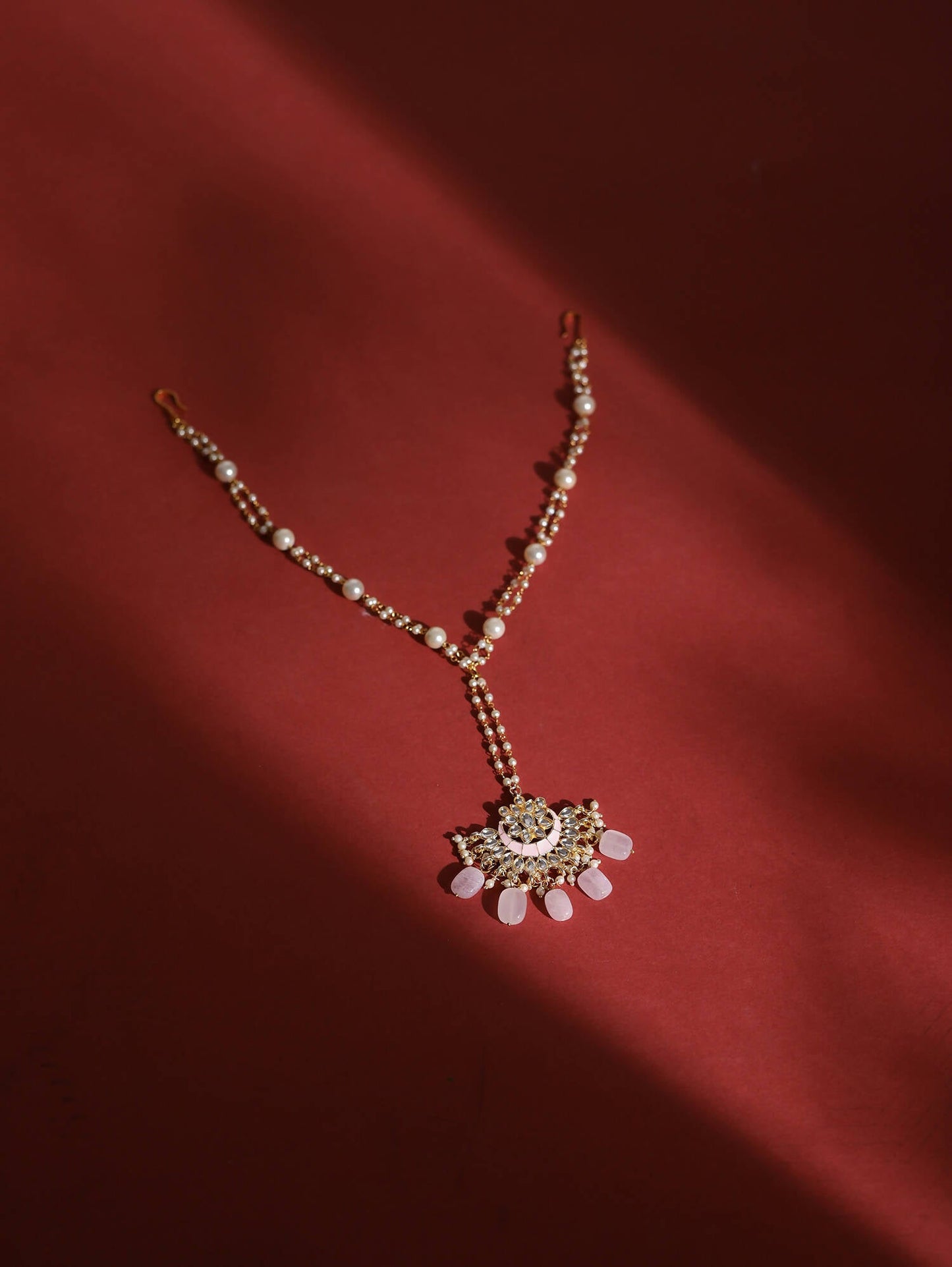 Gold-Polished White Kundan-Studded Pearl Beaded Matha Patti - Ruby Raang